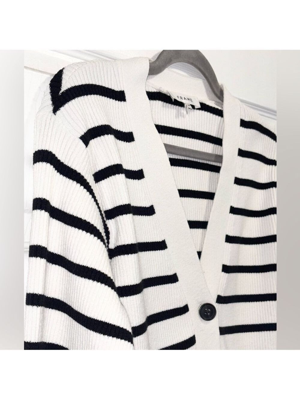 FRAME Relaxed Striped Rib-Knit Cardigan Black and White Stripes Size Small - Picture 8 of 13